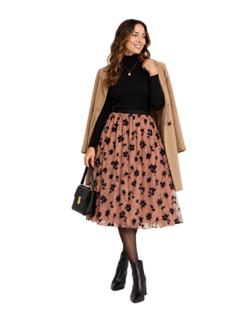 Metrowear Blush Flocked Floral Midi Skirt, Size M